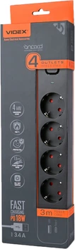 Сетевой удлинитель VIDEX ONCORD з/з 4п 3м 3x1.5мм 3.4А USB QC3.0 +USB-C PD18W с кнопкой Black (VF-PD43G1QC1PD-B)