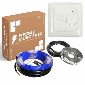 Тепла підлога Prime Electric 8м²-9,6м²/ 1600Вт (80м) нагрівальний кабель під плитку 20Вт/м з механічним терморегулятором білим