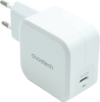 Мережевий зарядний пристрій CHOETECH GaN USB Type-C 45W PD 3.0 QC 3.0 PPS White (PD8007)
