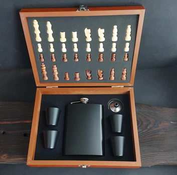 Набір шахи та фляга з нержавіючої сталі фляга 4 чарки 9oz, VexShop подарунок чоловікові фляга та чарки 265 мл (61136)