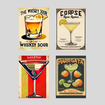 Набір вінтажних постерів з коктейлями Martini, Whiskey Sour, Margarita, Corpse Reviver / 4 шт А3 / плакат для бару
