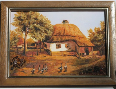 Картина из янтарной крошки "Украинская хата" (пейзаж) 20х30