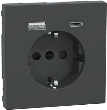 Розетка Schneider Electric D-Life с заземлением внутренняя со шторками 16 A + USB A+C Антрацит (MTN2367-6034)