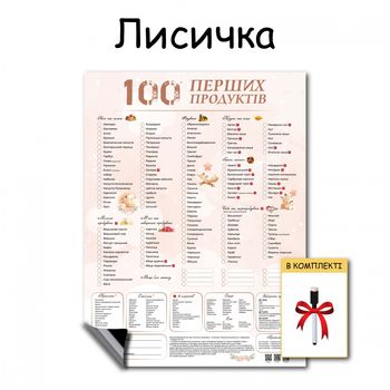 Магніт 100 перших продуктів планер прикорму схема годування блв пюре алергени перші продукти малюка на прикорм з 6 місяців лисичка 30 х 40 см + маркер