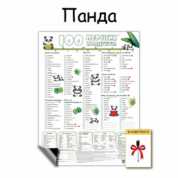 Магніт 100 перших продуктів планер прикорму схема годування блв пюре алергени перші продукти малюка на прикорм з 6 місяців дизайн панда біла 30 х 40 см + маркер