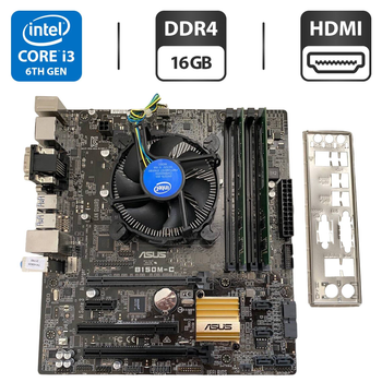 Комплект: Материнская плата Asus B150M-C / Intel Core i3-6100 (4 ядра по 3.7 GHz) / 16 GB DDR4 / Socket LGA 1151 / Задняя заглушка б/у