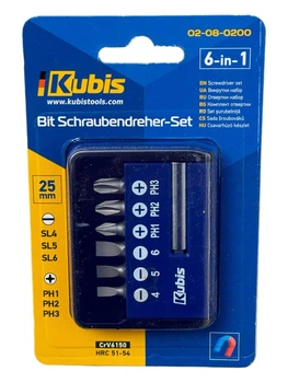 Насадки з держателем в кейсі 6шт&nbsp;Kubis&nbsp;SL 4.5.6mm PH1 PH2 PH3 CrV6150 HPC51-54 (02-08-0200)