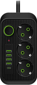 Сетевой фильтр Voltronic F09U, 3 розетки EU + 4 USB + 1PD, кнопка включения с индикатором, 2 м, 3х0.75мм, 2500W, Black, Box (YT31671)