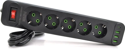Сетевой фильтр Voltronic F25U, 5 розеток EU + 3 USB + PD, кнопка включения с индикатором, 2 м, 3х0.75 мм, 2500W, Black, Box (YT31694)