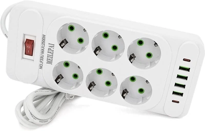 Мережевий фільтр Voltronic F33U, 6 розеток EU + 4 USB + 2 PD, кнопка включення з індикатором, 2 м, 3х0.75 мм, 2500W, White, Box (YT31698)