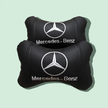 Автомобільні подушки на підголовник Mercedes Benz/ Мерседес Бенз (2шт) чорні з білим логотипом