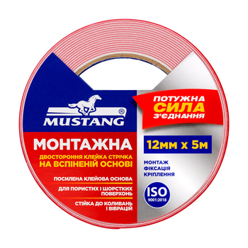 Двухсторонняя клейкая лента на вспененной основе «Монтажная» MUSTANG 12мм*2м (FTMO122)