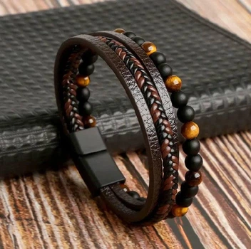 Многослойный плетеный браслет Tiger Eye из искусственной кожи и камня тигровый глаз, коричневый "S" (85700077)