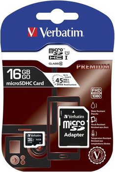 Карта памяти Verbatim Premium MicroSDHC 16GB Class 10 + SD-адаптер (23942440826)