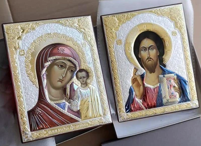 Иконы с напылением серебром для дома Спаситель и Богородица 18х23см (прямая)