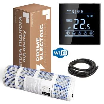 Комплект теплого пола Prime Electric PM-175 1 м² - 175Вт нагревательный мат с сенсорным WiFi терморегулятором черным