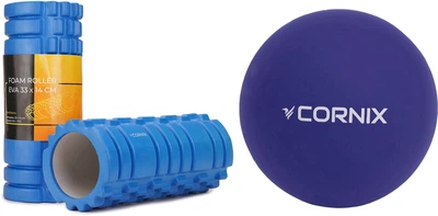 Набор Массажный ролик Cornix EVA 33 x 14 см XR-0035 Blue + Массажный мяч Cornix XR-0229 Lacrosse Ball 6.3 см Темно-синий
