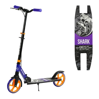 Дитячий двоколісний самокат Best Scooter "SHARK" SH-10042 з ручними гальмами та переднім амортизатором, Синьо-помаранчевий
