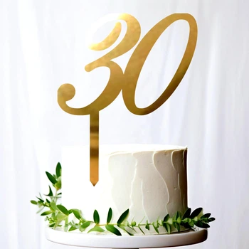 Золотой Топпер "Цифра 30" 11х9см Фигурка на Торт в Цветы Зеркальная Надпись Пластик Золото