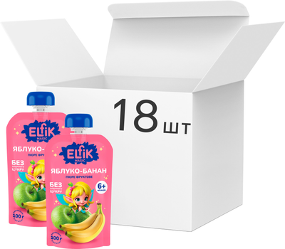 Упаковка детского пюре Elfik Magic из яблок и банана без сахара 100 г х 18 шт (4820266361303)