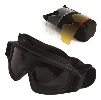 Тактичні окуляри захисна маска із кріпленнями на каску із 3 змінними лінзами Чорна