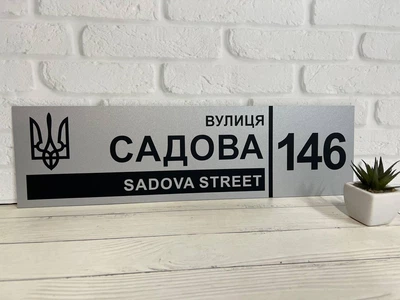 Адресна табличка на будинок металева патріотична срібна з гербом України 50 х 14 см, БП-029