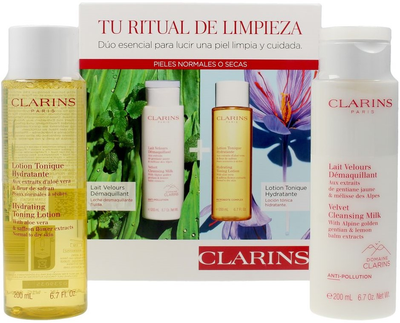 Zestaw do pielęgnacji twarzy Clarins Duo Cleansing Normal and Dry Skin Mleczko oczyszczające 200 ml + Tonizujący lotion nawilżający z wyciągiem z aloesu i kwiatu szafranu 200 ml (3666057206146)