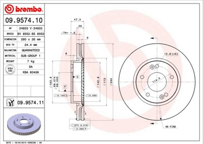 Гальмівні диски BREMBO 09957411 KIA Magentis, Sportage; Hyundai Sonata, Tucson, Tiburon, Coupe 517122C000, 517122E300, 517123K050