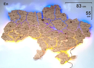 Карта Украины из дерева настенный декор с LED подсветкой Nevet сине-желтый на Английском языке 83х55 см (0001209)