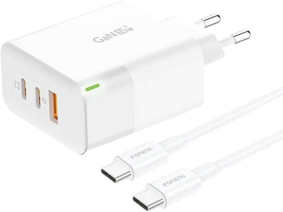 Ładowarka sieciowa Foneng USB-A 2 x USB-C GaN 65W z kablem USB-C Biała (GAN65 C-C)