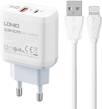 Мережевий зарядний пристрій Ldnio USB-C 22.5 W + кабель Lightning (A2421C Lightning)