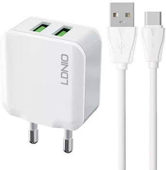 Мережевий зарядний пристрій Ldnio 2 x USB + кабель USB-C (A2201 Type-C)
