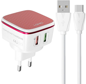 Мережевий зарядний пристрій Ldnio 2 x USB + кабель USB-C (A2405Q Type-C)