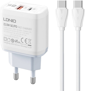 Мережевий зарядний пристрій Ldnio USB - USB-C 22.5 W + кабель USB-C - USB-C (A2421C Type-C-Type-C)
