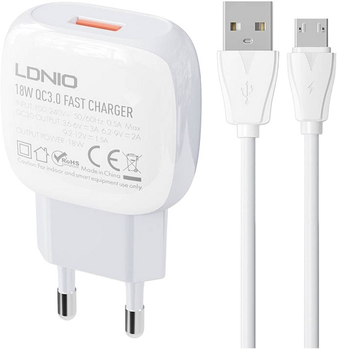 Мережевий зарядний пристрій Ldnio 18 W + кабель MicroUSB (A1306Q Micro)