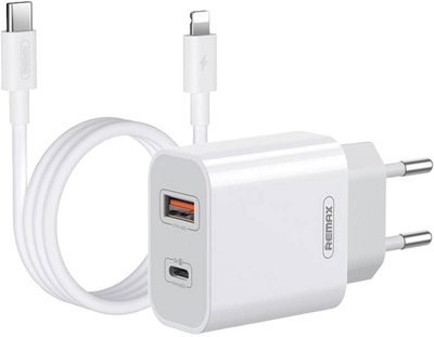 Мережевий зарядний пристрій Remax USB-C USB 20 W + кабель Lightning White (RP-U68 Set)