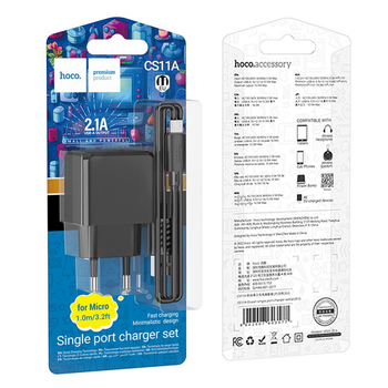 Комплект зарядного пристрою Hoco CS11A 1USB потужність на виході 10.5W (5V/2.1A) кабель USB/MicroUSB 1m Black