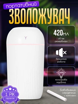 Ультразвуковий зволожувач повітря портативний для будинку кімнати маленький міні нічник з підсвічуванням для дітей 420 мл JS13 White