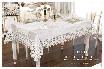 Велюровая скатерть с ранером Selin Beste Set 160×220+8 салфеток кремовая