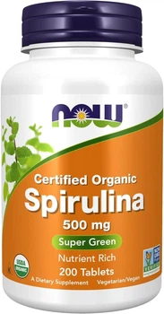 Сертифицированная органическая спирулина, Now Foods, Organic Spirulina, 500 мг, 200 таблеток