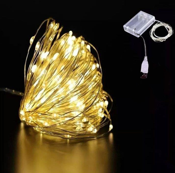 Светодиодная LED Гирлянда 5м на USB и Батарейках Желтый свет