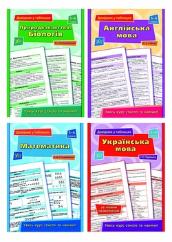 Довідник у таблицях 5-6 класів. Комплект із 4 шт: Математика, Українська мова, Англійська мова, Природознавство, Біологія