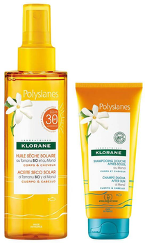 Набір косметики для догляду Klorane Monoi Bio Суха сонцезахисна олія для тіла і волосся SPF 30 200 мл + Шампунь 75 мл (3282770146158)