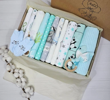Набор для новорожденного: плед, пеленки и грызунок a.l.babybox Лама Мятный