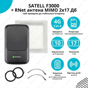 4G комплект роутер Satell F3000 + антенна R-Net квадрат MIMO 2x17 Дб