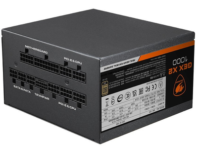 Блок питания 1000W Cougar GEX X2 1000, Black, 120 мм, PFC, 80 Plus Gold, Modular, MB: 20+4 pin, CPU: 4+4 pin, VGA: 6 x 6+2 pin + 12+4 pin, 2xMolex, 10xSATA, Защиты: OVP/OPP/SCP/UVP/OCP