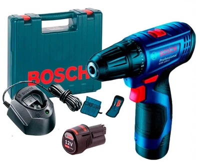 Акумуляторний дриль-шурупокрут Bosch Professional GSR 120-LI у валізі з 2 акб GBA 12V 2.0Ah, з/п GAL 1210 CV, набором 10 біт та набором 12 свердел (06019G8002)