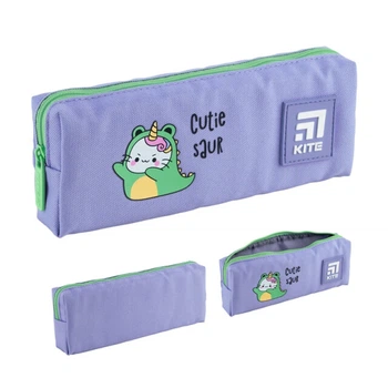 Пенал школьный для девочки Kite Cutie Saur "Динозаврик" 19х6.5х3.5 см 1 отделение прямоугольный на молнии голубой с салатовым (K24-642-2)
