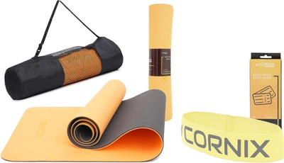 Набор Коврик спортивный Cornix TPE 183 x 61 x 0.6 см для йоги и фитнеса XR-0001 Orange/Black+Резинка для фитнеса и спорта из ткани Cornix Loop Band XR-0136 2-5 кг Желтая