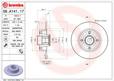 Диск тормозной Brembo (08A14117)